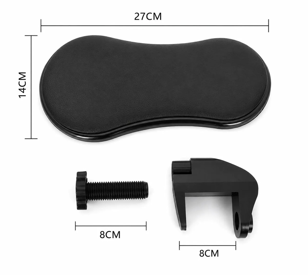 Ergonomiskt armstöd för skrivbord med mått och monteringsdetaljer.