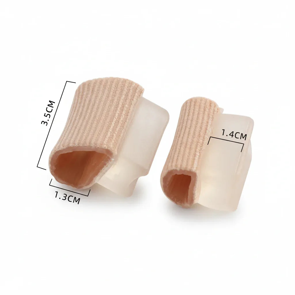 Tåseparator för hallux valgus med mjukt skydd och måttangivelser.