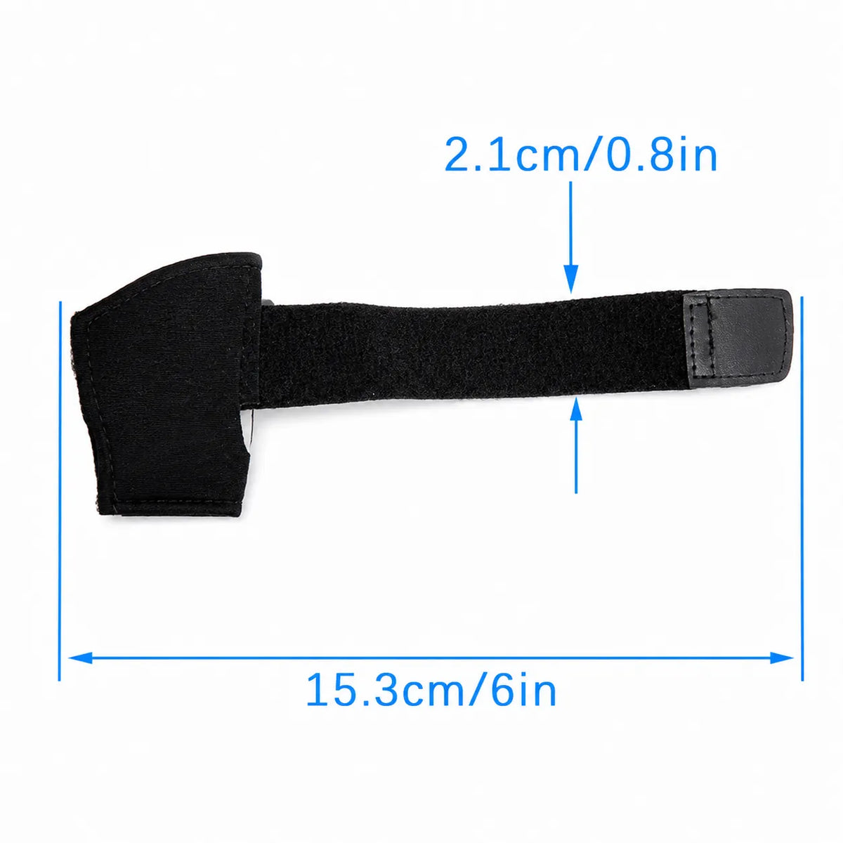 Måttguide för justerbar fingerskena för lätt stöd, 15,3 cm lång och 2,1 cm bred.