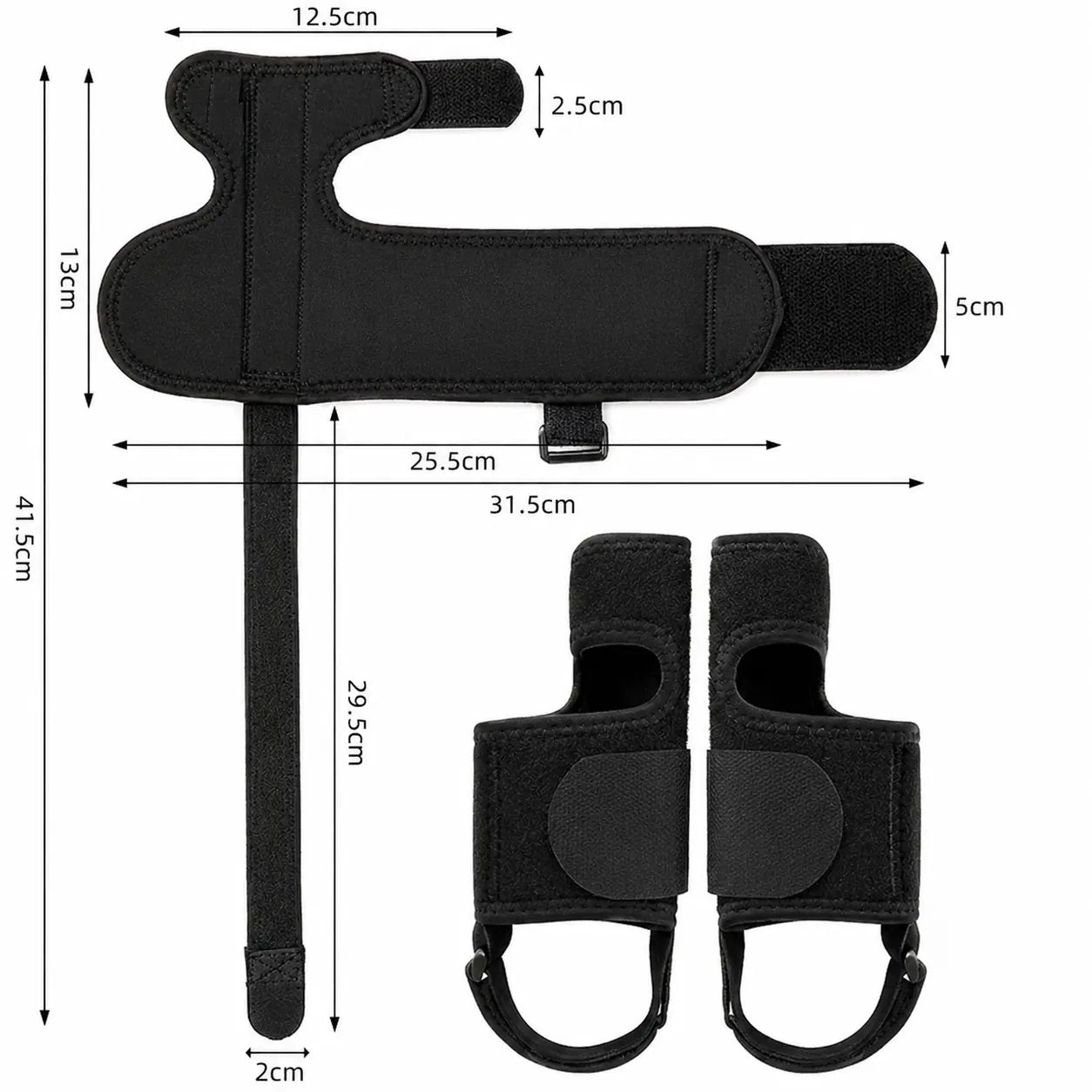 Storleksguide som visar mått och produktdesign för hallux valgus-nattskena med justerbara kardborreband.
