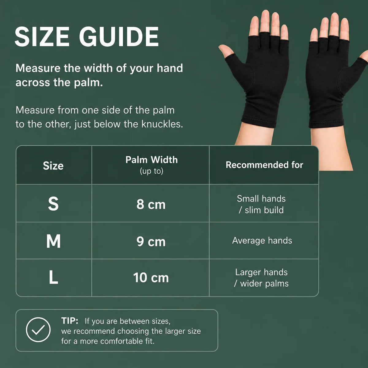 Storleksguide för kompressionshandskar med mått för handflatans bredd och storlekar S, M och L.