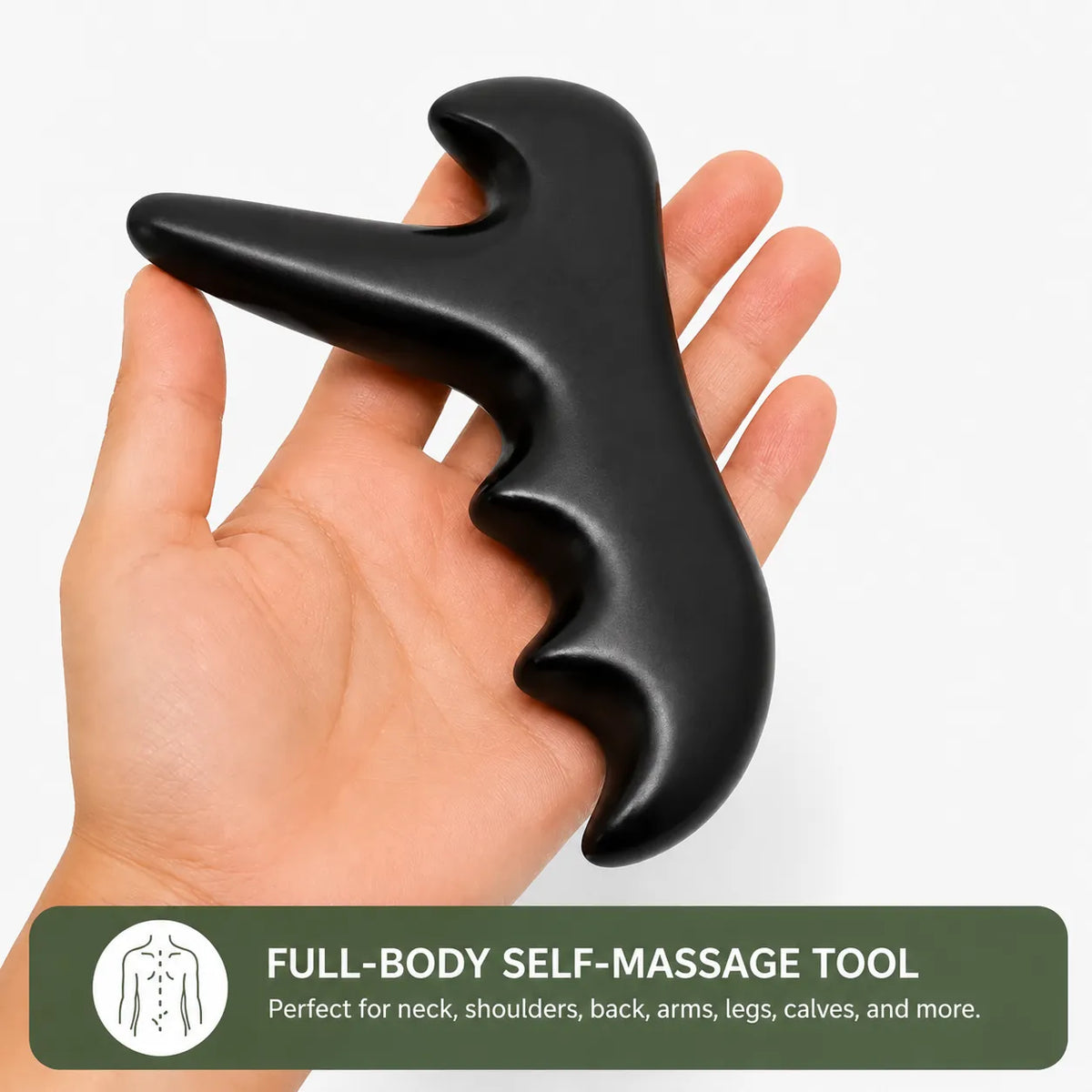 Ergonomiskt massageverktyg för triggerpunkts- och djupvävnadsmassage, visat i handen för att illustrera storlek och grepp.