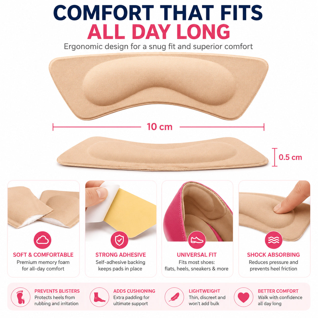 Mjuka självhäftande halkuddar för skor med memory foam som minskar skav, dämpar hälen och ger bekväm passform hela dagen.