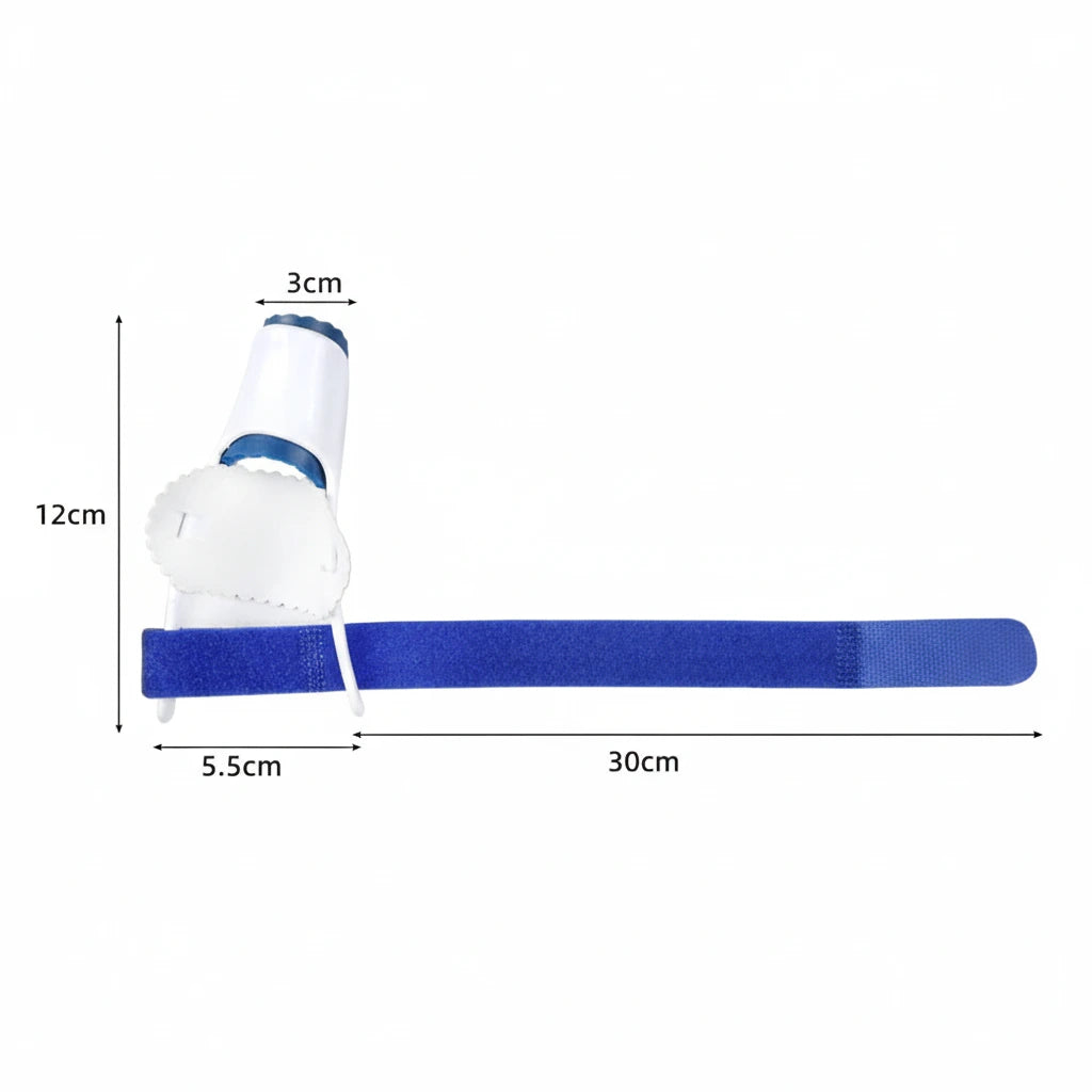 Nattskena för hallux valgus med justerbart band och måttangivelser.
