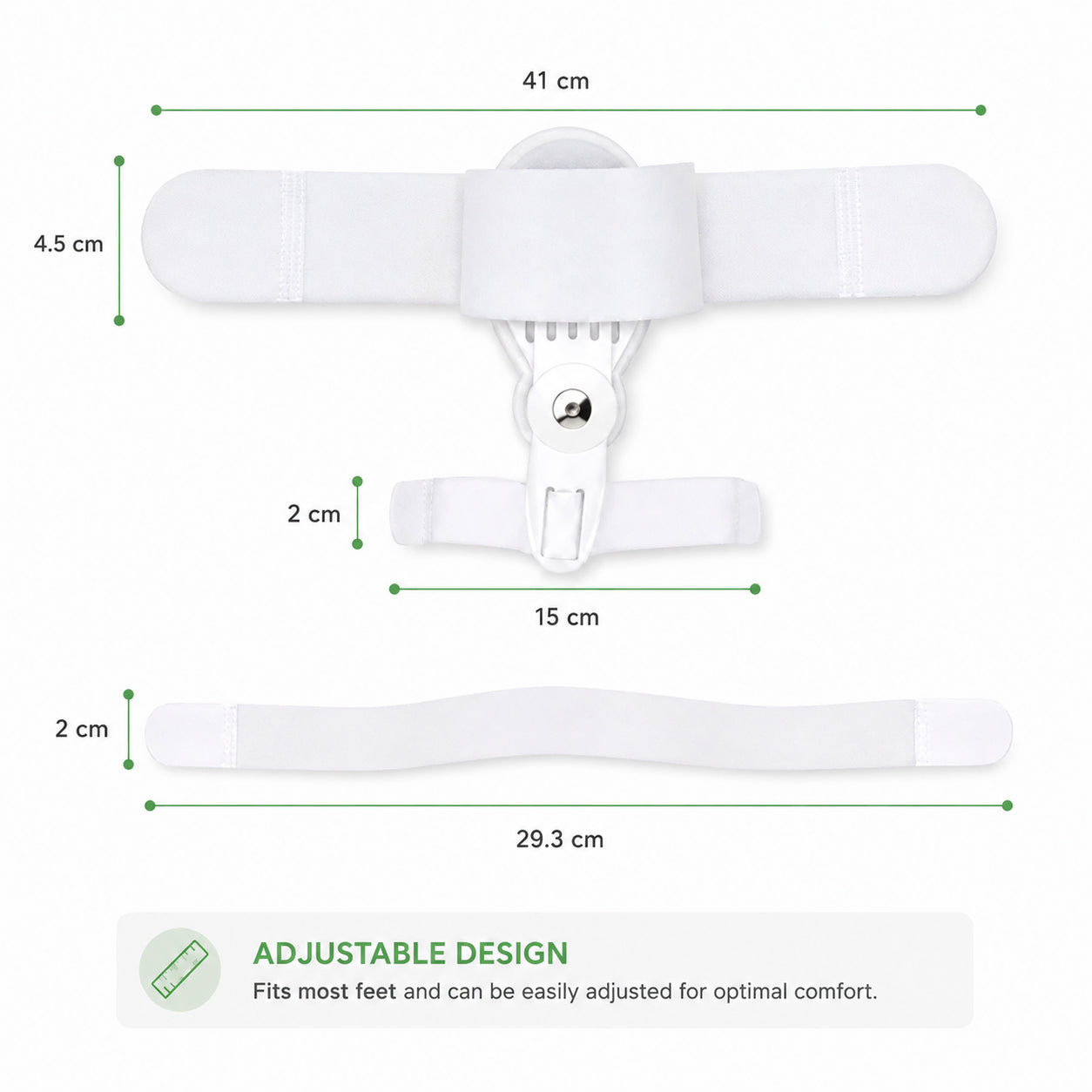 Storleksguide som visar mått och justerbar design för hallux valgus-korrigerare med ledad stortåsskena.