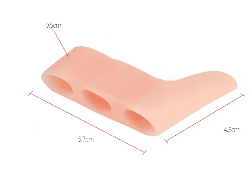 Måttbild av silikon tåspridare med tre tåseparatorer som visar längd, bredd och tjocklek.