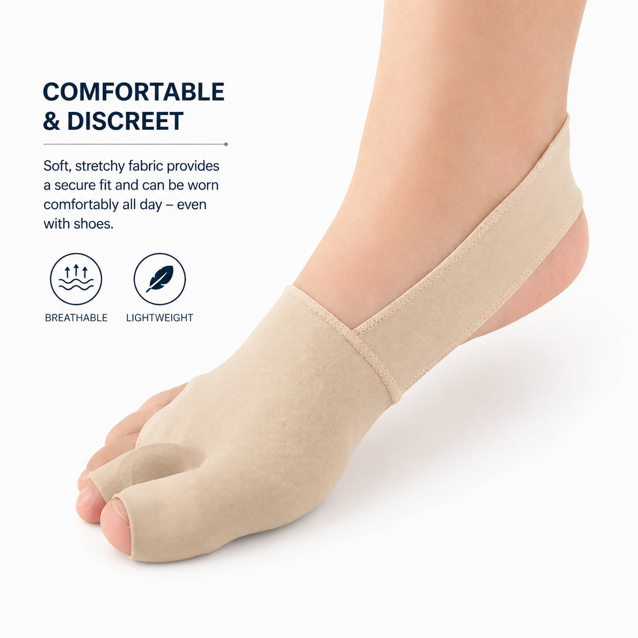 Hallux valgus-stöd med elastiskt korrigeringsband som ger stöd, hjälper till att rikta stortån och kan bäras bekvämt i skor.
