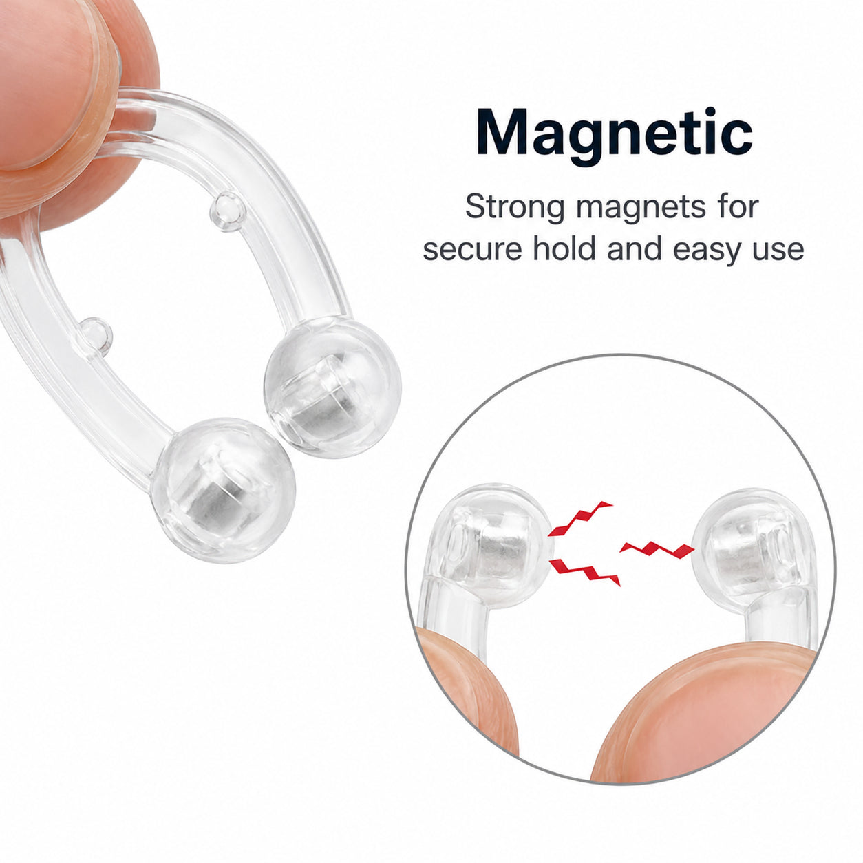 Transparent magnetisk anti-snarkningsklämma med starka magneter för säker passform och enkel användning.