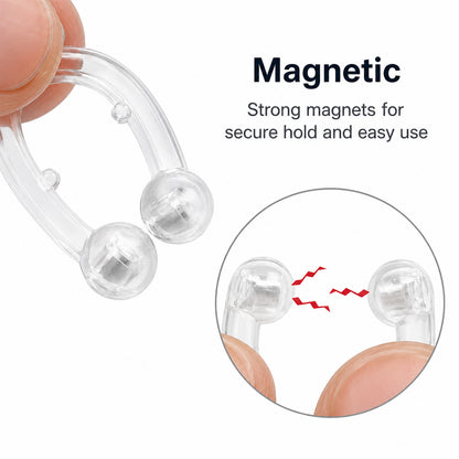 Transparent magnetisk anti-snarkningsklämma med starka magneter för säker passform och enkel användning.