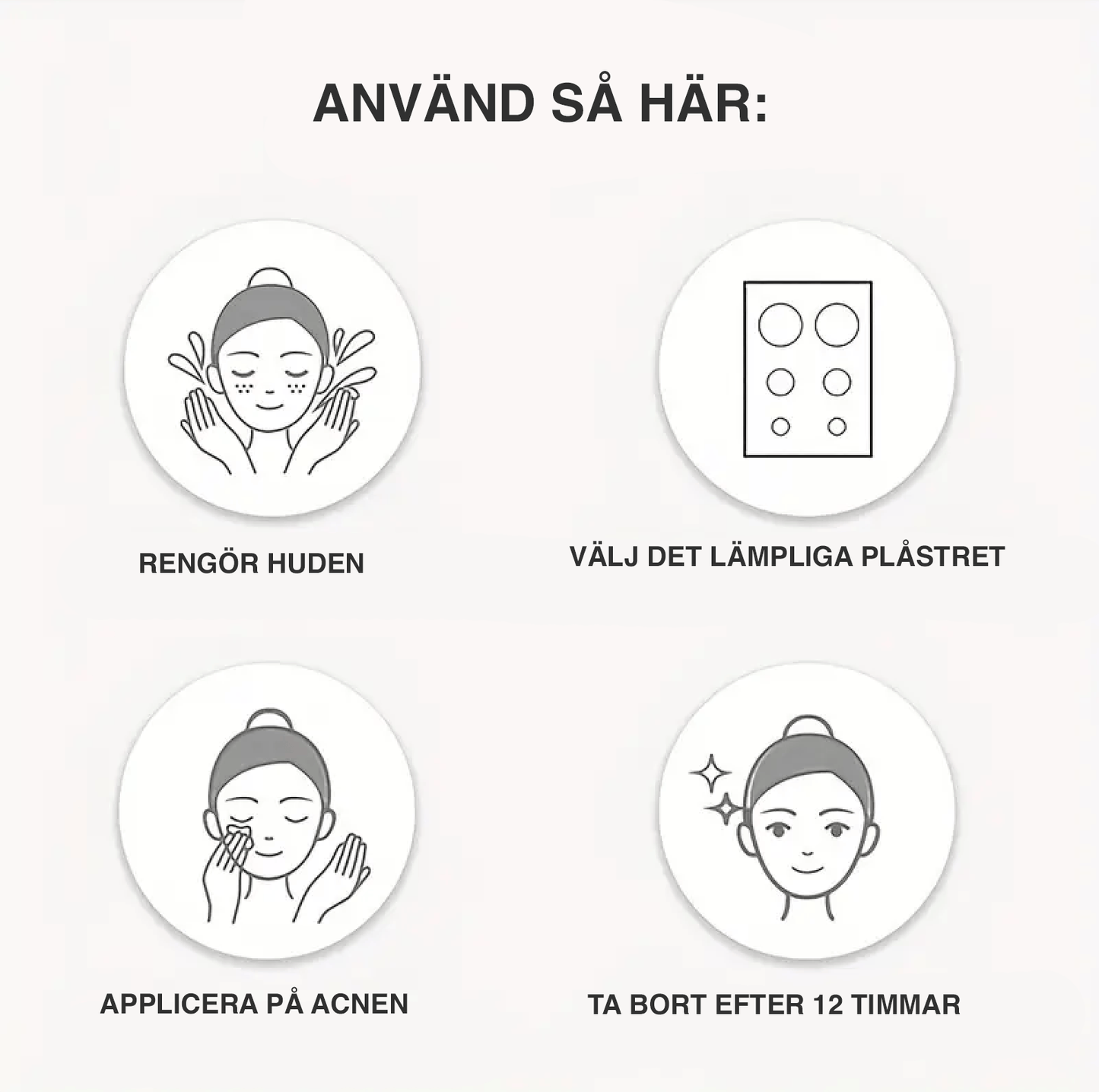 Illustration som visar hur akneplåster används steg för steg