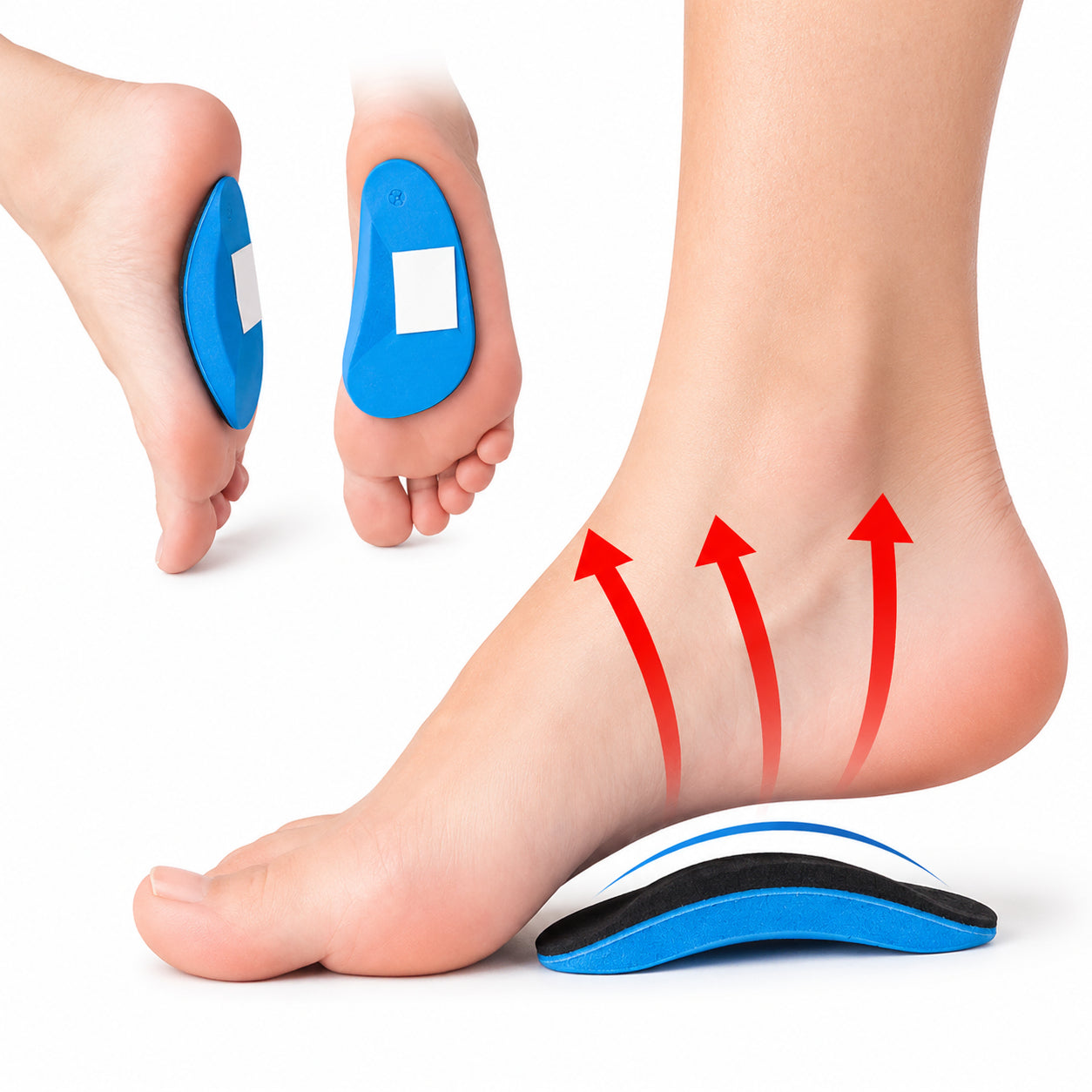 Andningsbara fotvalvsstöd som ger stöd åt fotvalvet, förbättrar belastningsfördelningen och ökar komforten vid gång och stående.