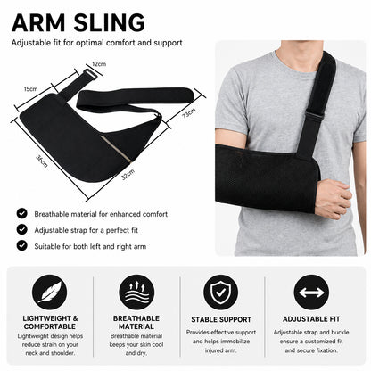 Storleks- och produktguide för justerbar armslinga med axelrem, mått och funktioner för stabilt armstöd.