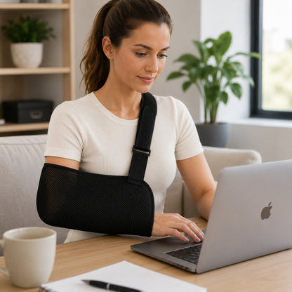 Kvinna arbetar vid en laptop och använder en justerbar armslinga med axelrem för stabilt armstöd.