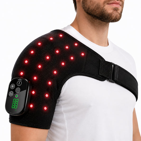 Axelbälte med massage och rödljus placerat över axeln.