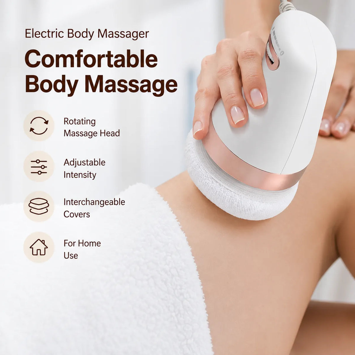 Cellulit massage maskin med roterande massagehuvud och utbytbart överdrag, visad vid kroppsmassage.