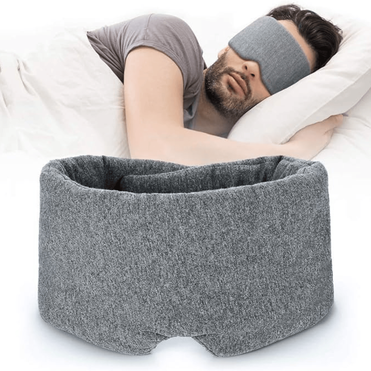 Person som sover med grå, mjuk sovmask i bomull för bekväm och ostörd sömn