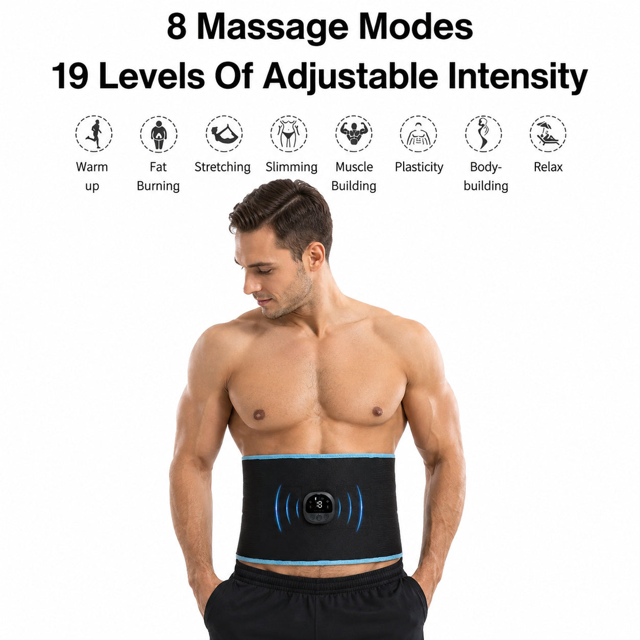 EMS-magbälte med 8 massageprogram och 19 justerbara intensitetsnivåer för muskelträning, avslappning och stimulering av mage och bål