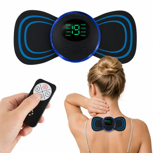EMS-massageapparat med fjärrkontroll och digital display som används på nacke och övre rygg för muskelstimulering och avslappning.