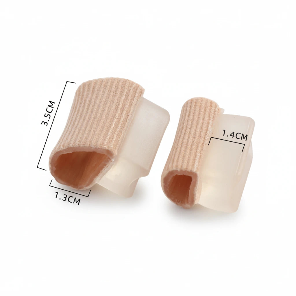Tåseparator för hallux valgus med mjukt skydd och måttangivelser.