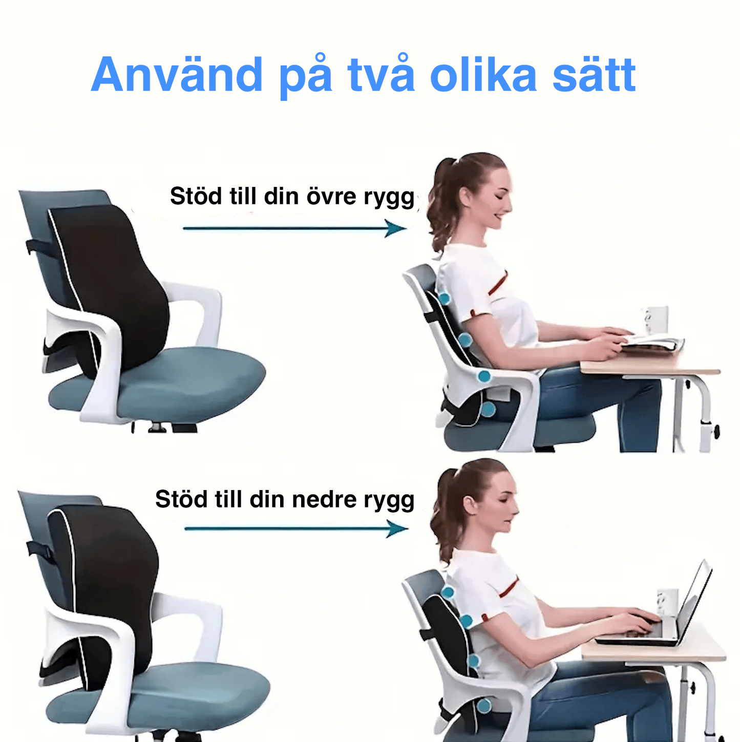Ryggstödkudde placerad i kontorsstol vid sittande arbete