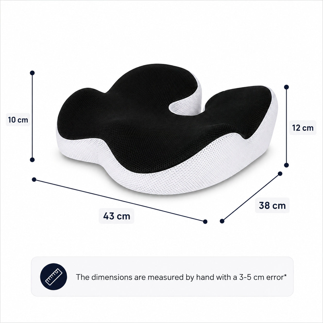 Ergonomisk sittdyna med angivna mått på 43 × 38 cm och en höjd på 10–12 cm