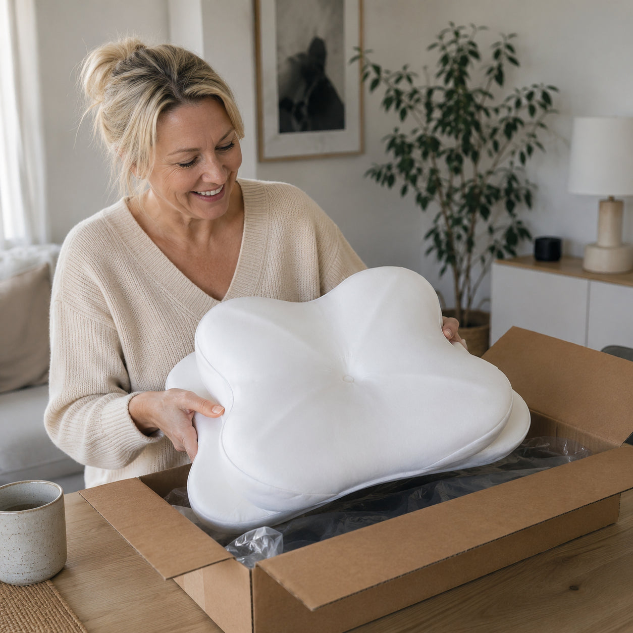Kvinna packar upp ergonomisk sovkudde