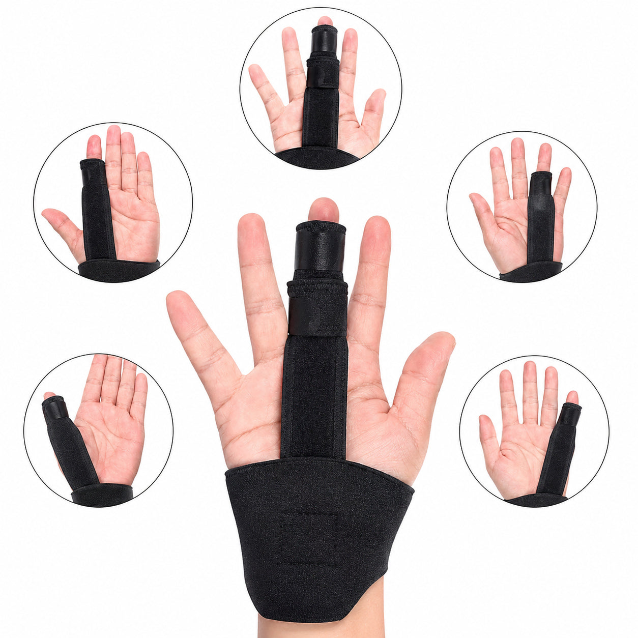 Fingerskena med handledsstöd som kan användas på olika fingrar för stabilisering och avlastning.