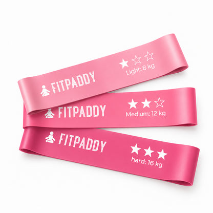 Fitpaddy rosa motståndsband i 3-pack med 8, 12 och 16 kg motstånd
