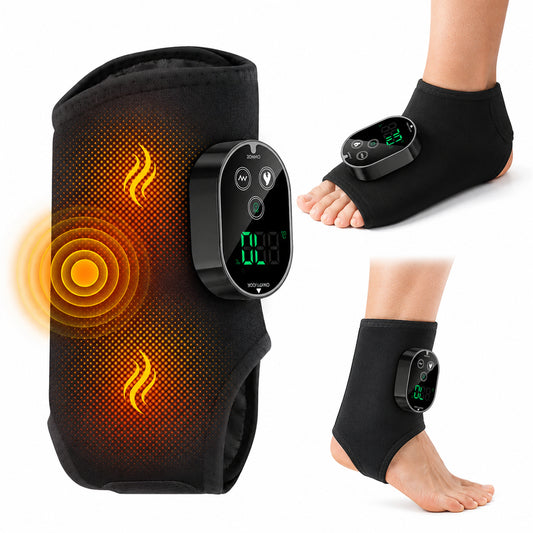 Ankelvärmare med värme och massage på fotled med digital temperaturkontroll och justerbara värmelägen på vit bakgrund