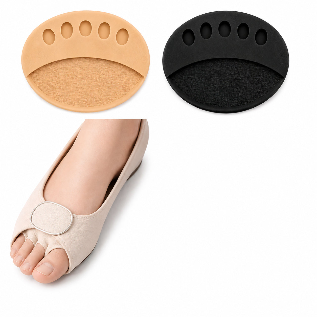 Framfotsdynor med fem tåöppningar i beige och svart, visade separat och använda i en sko för dämpning av framfoten.
