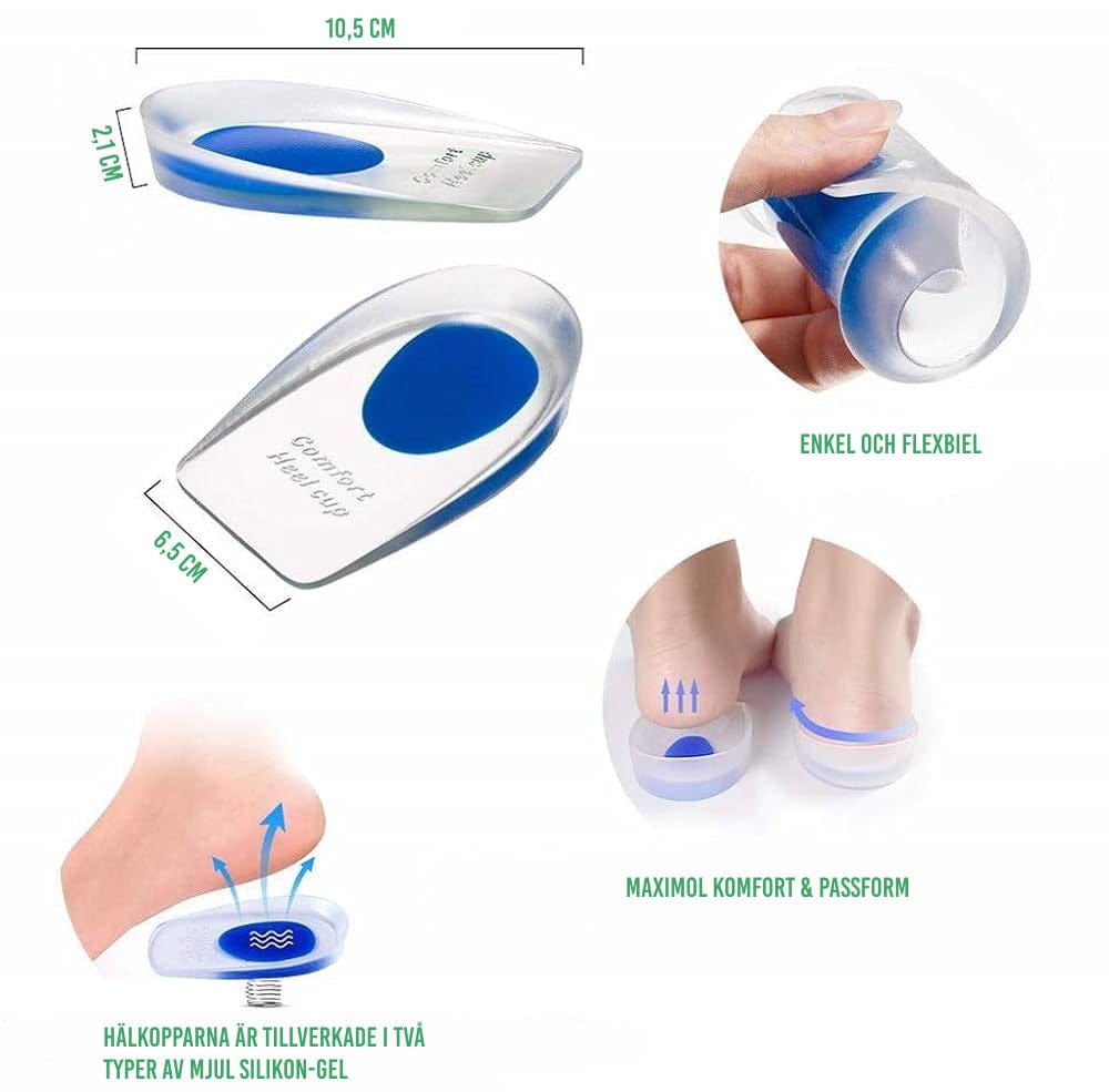 Illustration som visar mått, flexibilitet och stötdämpande gelzon i hälinlägg