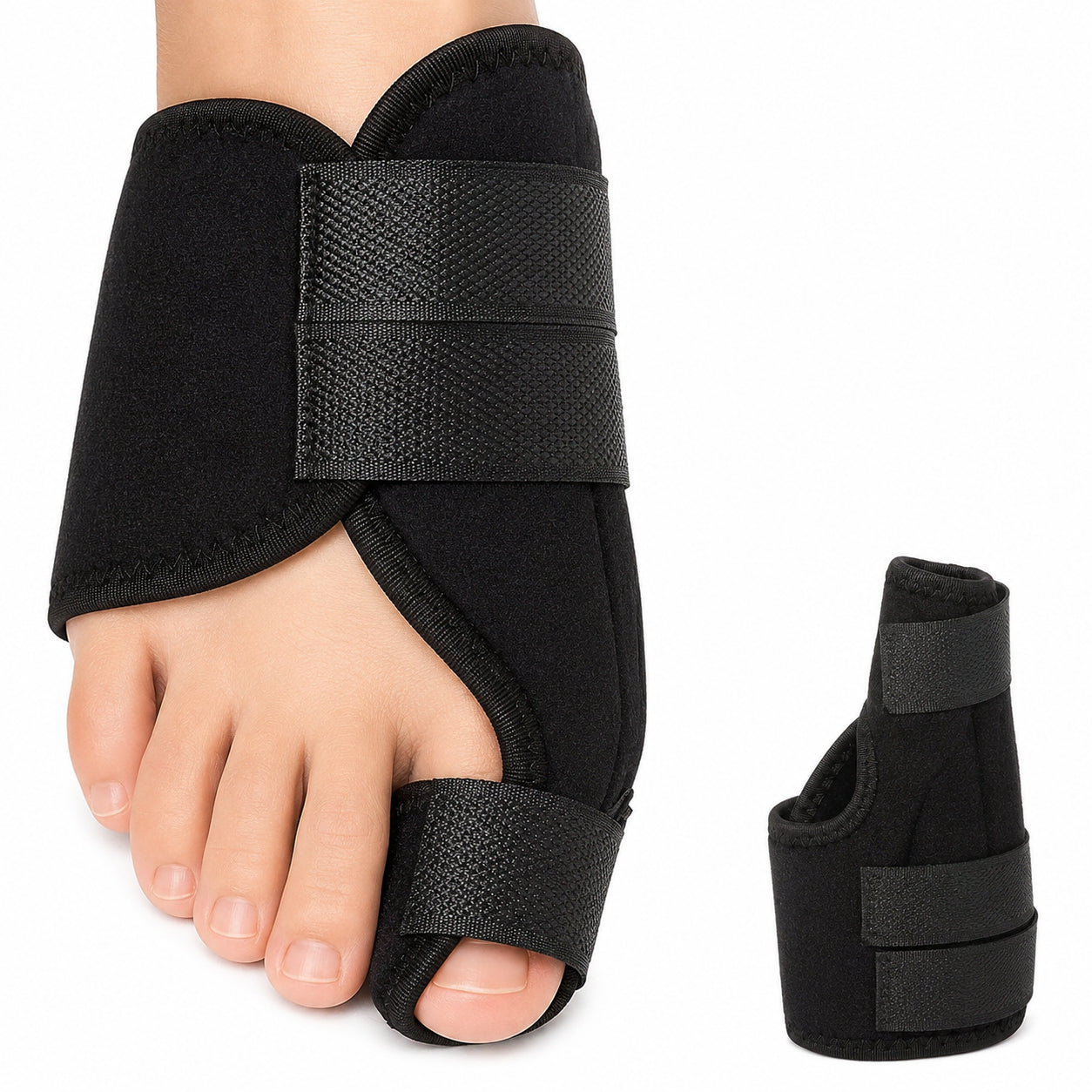 Nattskena för hallux valgus med justerbara kardborreband som hjälper till att rikta stortån och ge stabilt stöd under vila och sömn.