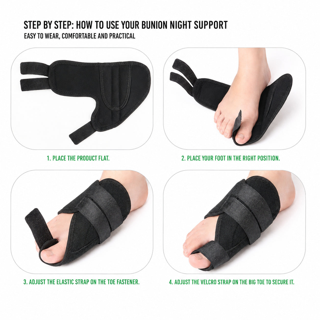 Infografik som visar steg för steg hur en nattskena för hallux valgus sätts på och justeras för korrekt passform och stöd.