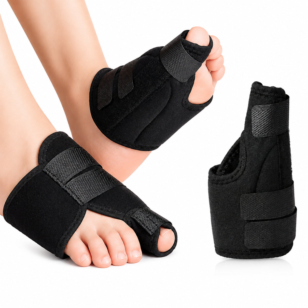 Nattskena för hallux valgus med justerbara kardborreband som hjälper till att rikta stortån och ge stabilt stöd under vila och sömn.