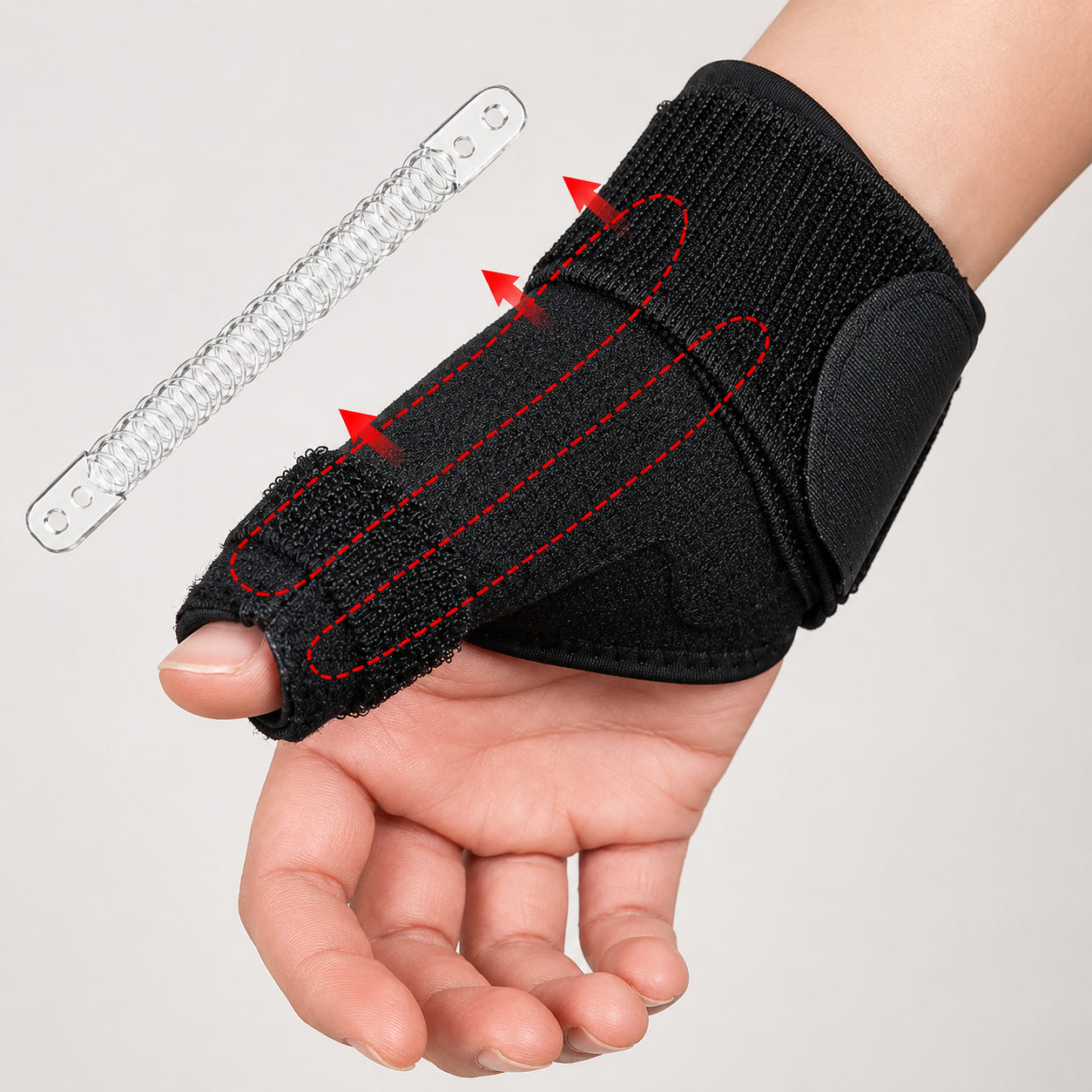 Handleds- och tumstöd med dubbla justerbara remmar och stabiliserande skena för ökat stöd och avlastning av tumleden.