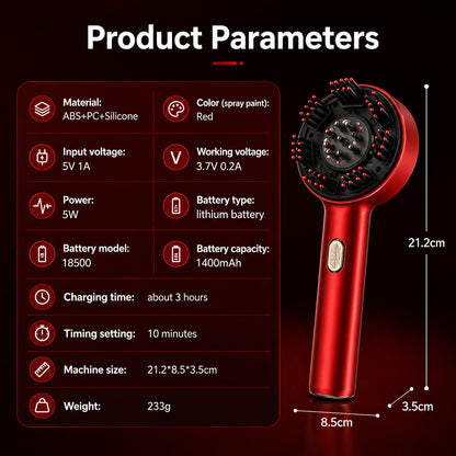 Produktbild med tekniska specifikationer för hårbottenmassage med rödljusterapi inklusive batterikapacitet, storlek, laddningstid och materialinformation
