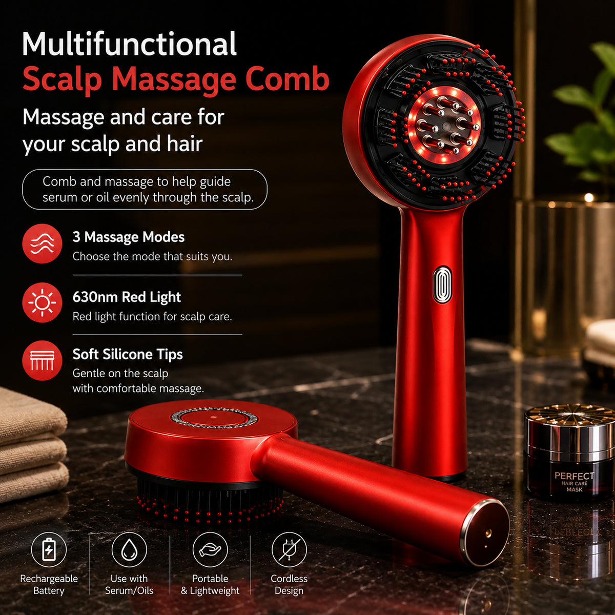 Hårbottenmassage med 630 nm rödljus, tre massagelägen, mjuka silikonpiggar och funktion för användning med serum eller olja.