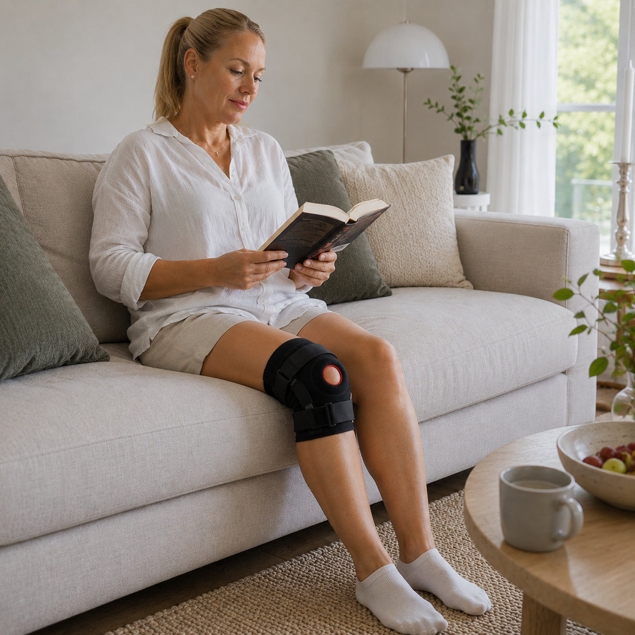 Kvinna använder justerbart knäskydd med öppen patella medan hon läser i hemmiljö.