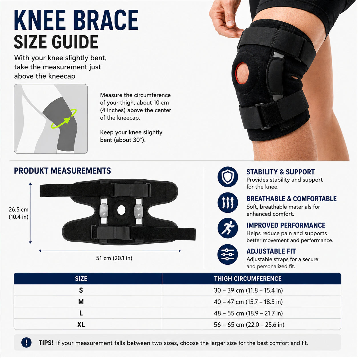 Storleksguide och mått för justerbart knäskydd med öppen patella och storlekstabell.