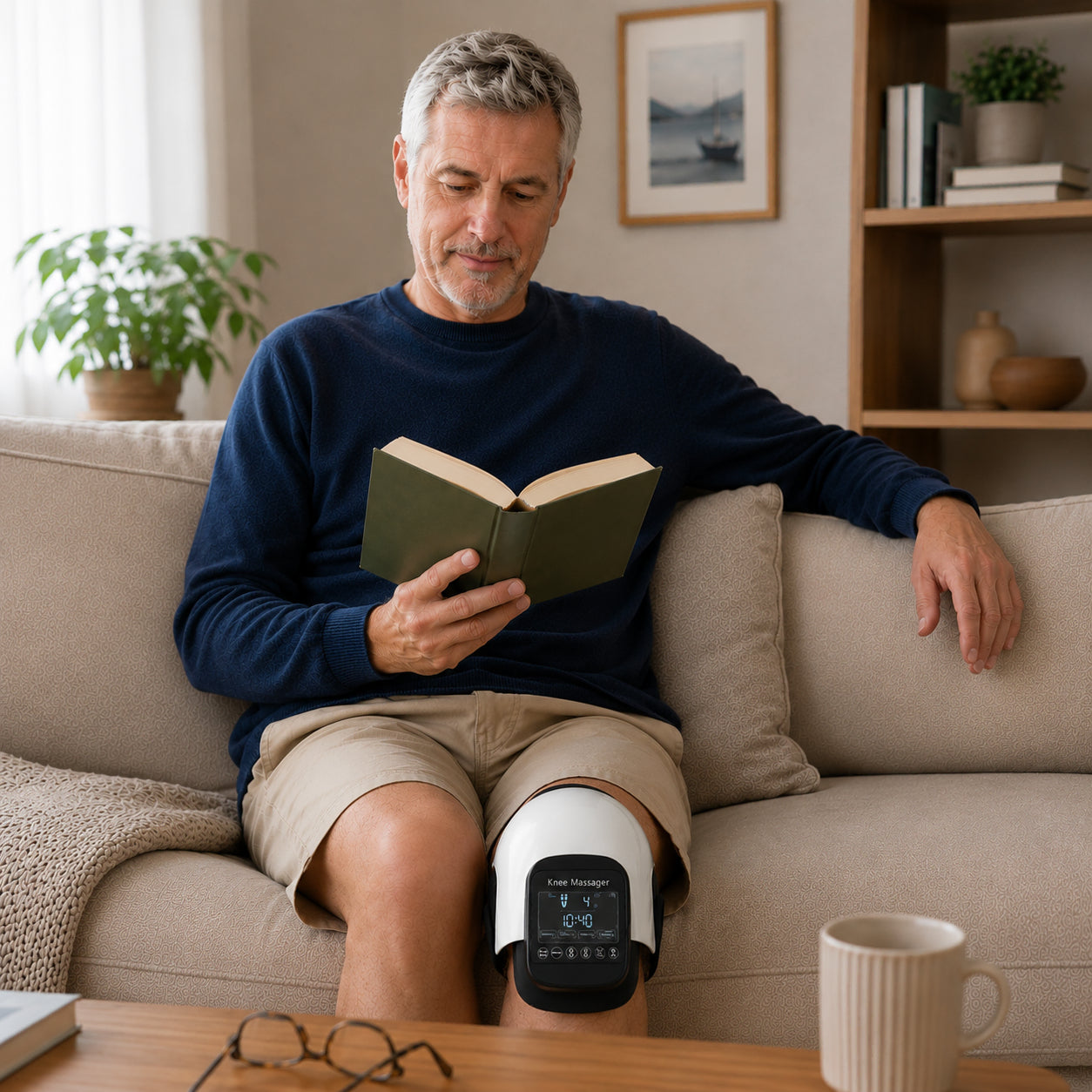 Äldre man använder knämassage med värme och vibration hemma i soffan medan han läser en bok.