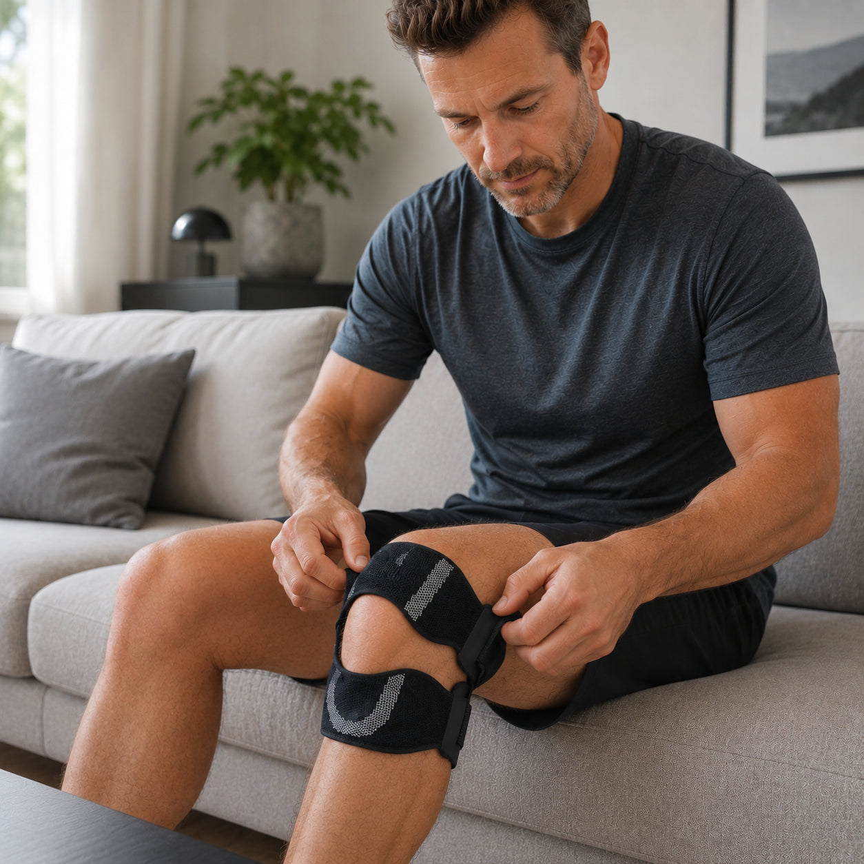 Man som justerar ett patellasenband på knät för riktat stöd och avlastning vid fysisk aktivitet.