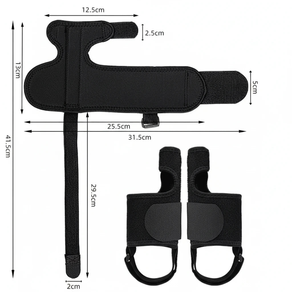 Storleksbild för justerbart tåskydd mot hallux valgus med mått i centimeter.