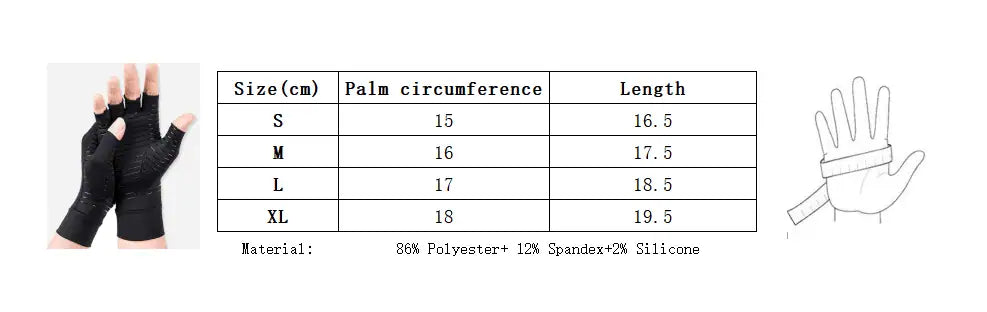 Storleksguide för kompressionshandskar för stela händer baserat på handflatsomkrets.