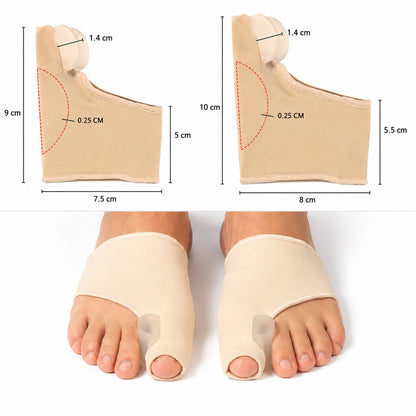 Storleksguide för hallux valgus-stöd med integrerad tåseparator som visar mått för olika storlekar och hur stödet bärs på foten.