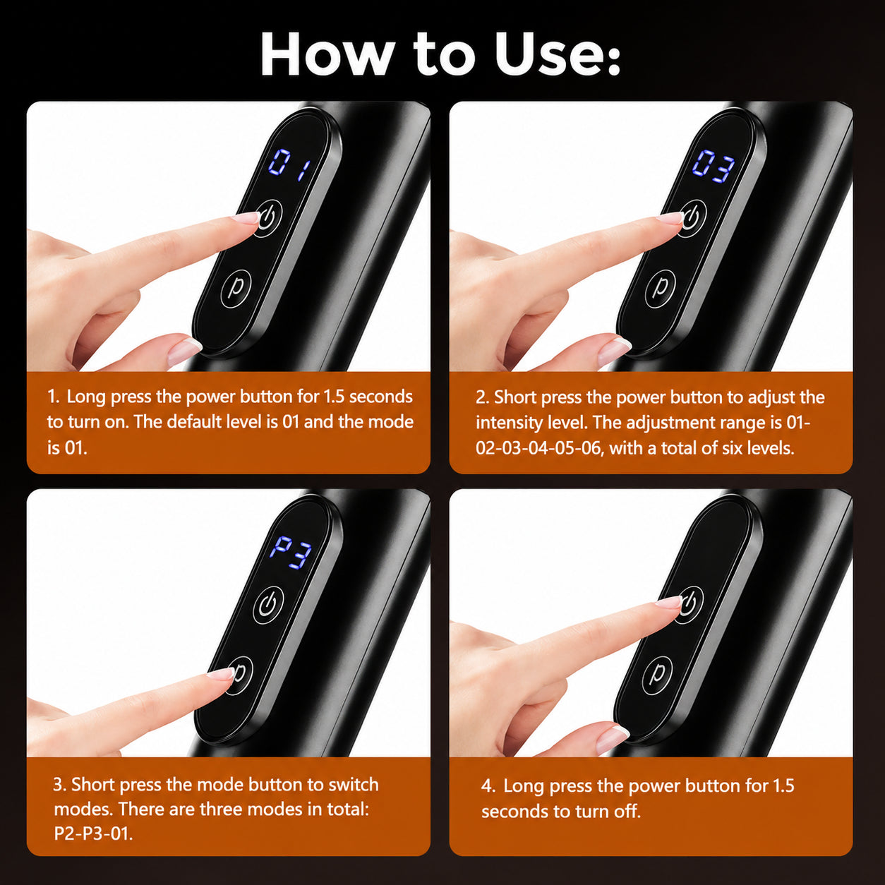 Massagepistol för rygg med digital kontrollpanel, sex intensitetsnivåer och tre valbara massagelägen.