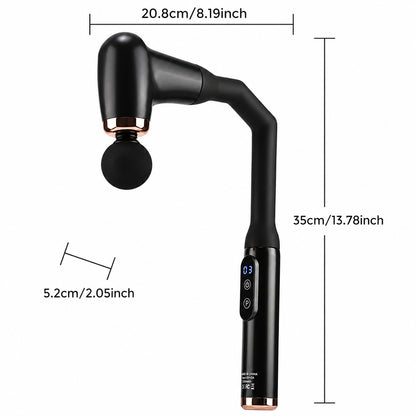 Massagepistol för rygg med långt ergonomiskt handtag och produktmått för höjd, bredd och massagehuvud.