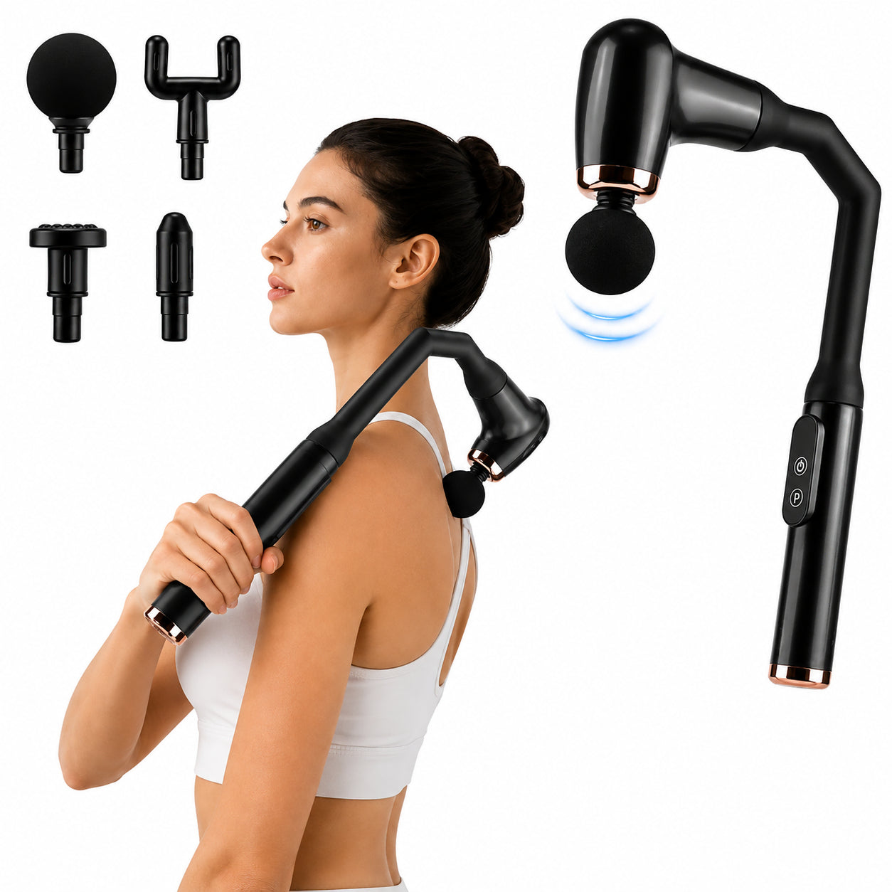 Massagepistol för rygg med långt handtag, fyra utbytbara massagehuvuden och vibrationsmassage.