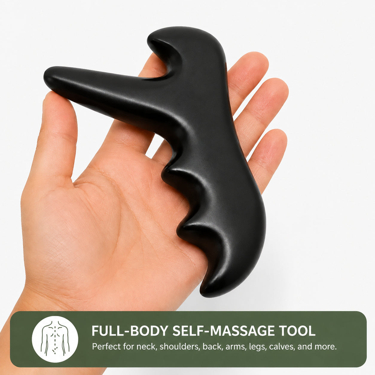 Ergonomiskt massageverktyg för triggerpunkts- och djupvävnadsmassage, visat i handen för att illustrera storlek och grepp.
