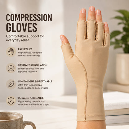 Kompressionshandske med öppna fingertoppar som ger stöd och komfort för hand och handled i vardagen.