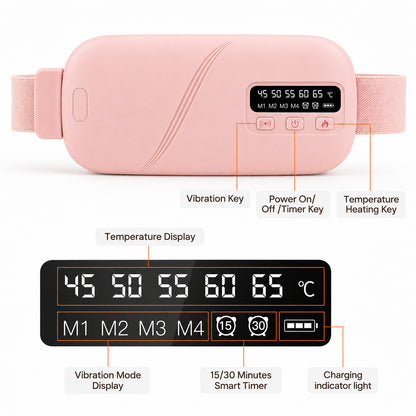Display och kontrollknappar för temperatur, vibration och timer på menstruationsbälte med värmeterapi